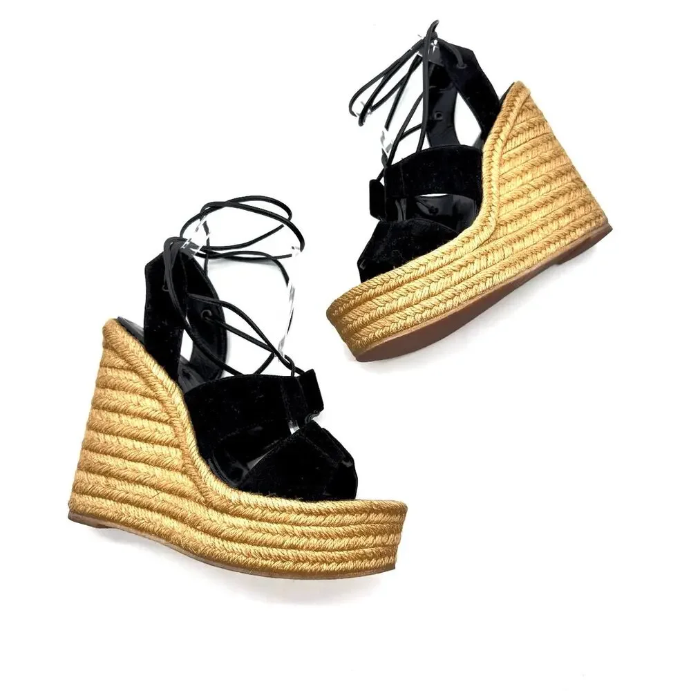 Saint Laurent Black Suede Espadrille Platform Wedge Sandals  Ankle Tie EU 38.5